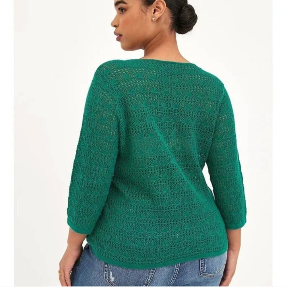 Torrid Green Crochet Open Stitch Pullover V-Neck Cinched Front Sweater / Top 1x - Picture 2 of 12